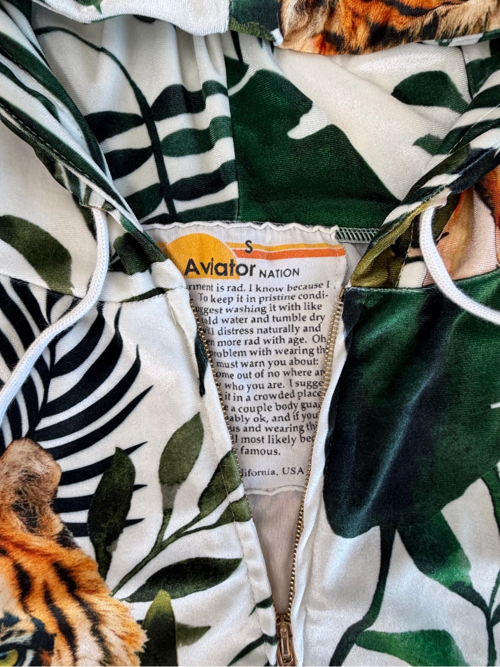 Aviator Nation White Tropical Tiger Print Hoodie Romper with Green Leaves - Picture 7 of 9